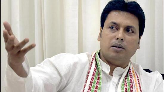 Tripura chief minister Biplab Kumar Deb on Saturday resigned from his post with barely eight months left for the 2023 assembly polls. (HT PHOTO.)