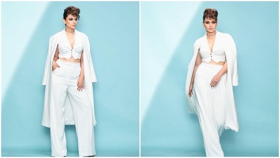 Kangana Ranaut had graced the show Lock Upp wearing all-white separates by Nikhil Thampi.(Instagram/@kanganaranaut)