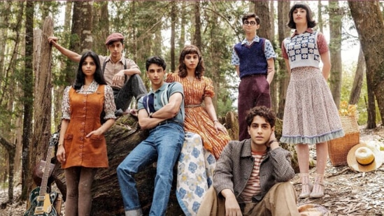 Suhana Khan, Khushi Kapoor, Agastya Nanda, Mihir Ahuja, Dot, Yuvraj Menda, and Vedang Raina in a poster of The Archies.