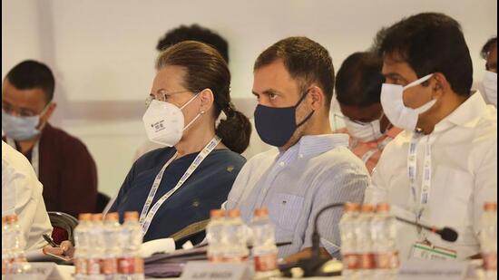 Congress interim president Sonia Gandhi, party leader Rahul Gandhi and others during a meeting on Day 2 of the party's ‘Nav Sankalp Shivir’, in Udaipur on Saturday. (PTI PHOTO.)