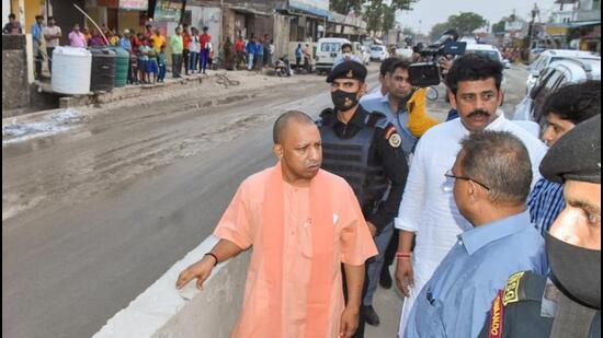 Uttar Pradesh chief minister Yogi Adityanath during an inspection in Gorakhpur on Saturday. (PTI PHOTO)