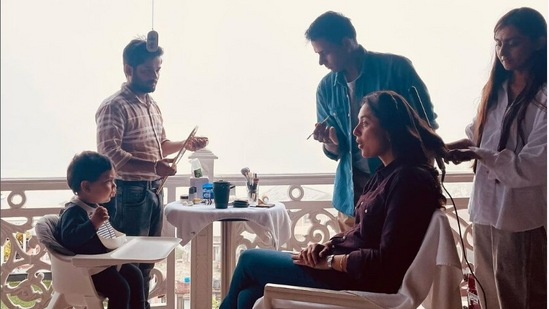 Kareena Kapoor and her son Jeh Ali Khan on the sets of Devotion of Suspect X sets. Kareena Kapoor and her son Jeh Ali Khan on the sets of Devotion of Suspect X sets.