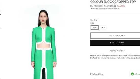 As per the label's official website, the crop top is worth <span class='webrupee'>₹</span>79,005 but after discount it costs <span class='webrupee'>₹</span>39,600.(davidkoma.com)
