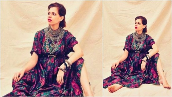 Kalki Koechlin made headlines for her pragnancy fashion. In this picture, she is seen striking stunning poses in a printed Sabyasachi kaftan.(Instagram/@kalkikanmani)