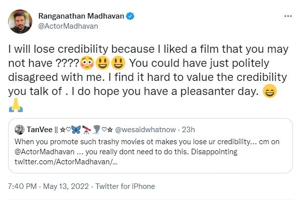 R Madhavan reacted to a Twitter user.