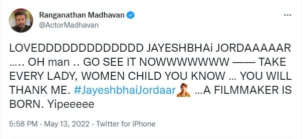 R Madhavan liked Jayeshbhai Jordaar.