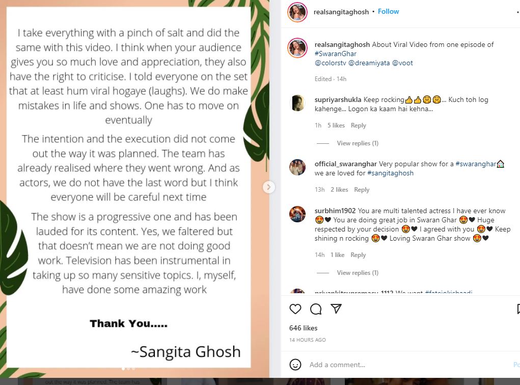 Sangita Ghosh's Instagram post.
