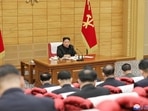 North Korean leader Kim Jong Un speaks at a politburo meeting of the ruling Workers' Party to inspect the country's antivirus efforts against the coronavirus disease (COVID-19) pandemic