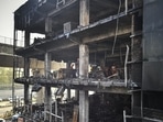 The charred shell of the building in Mundka. (Raj K Raj/HT)
