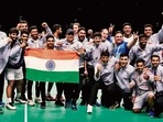 Indian shuttle badminton team celebrate after wining Thomas Cup in Bangkok.(ANI) Indian shuttle badminton team celebrate after wining Thomas Cup in Bangkok.(ANI)