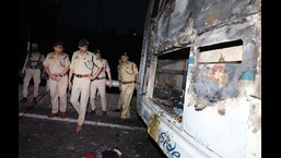 Four persons were killed and 24 others injured on Friday when a fire ripped apart the moving bus, mostly carrying devotees, near Nomai, about 3km from Katra, shortly after it left for Jammu from the base camp. (ANI File Photo)