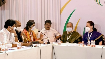 Congress president Sonia Gandhi with other dignitaries during the ongoing 'Nav Sankalp Shivir', in Udaipur. (ANI) Congress president Sonia Gandhi with other dignitaries during the ongoing 'Nav Sankalp Shivir', in Udaipur. (ANI)
