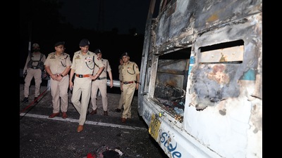 Four persons were killed and 24 others injured on Friday when a fire ripped apart the moving bus, mostly carrying devotees, near Nomai, about 3km from Katra, shortly after it left for Jammu from the base camp. (ANI File Photo)