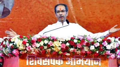 Uddhav Thackeray launched an all-out attack on the BJP as he addressed party workers at Bandra Kurla Complex. (Deepak Salvi ) Uddhav Thackeray launched an all-out attack on the BJP as he addressed party workers at Bandra Kurla Complex. (Deepak Salvi )