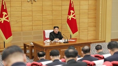 North Korean leader Kim Jong Un speaks at a politburo meeting of the ruling Workers' Party to inspect the country's antivirus efforts against the coronavirus disease (COVID-19) pandemic (via REUTERS)
