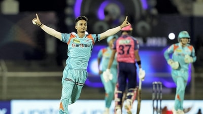 Ayush Badoni of Lucknow Super Giants celebrates the wicket of Yashasvi Jaiswal of Rajasthan Royals, during the Indian Premier League 2022 (PTI) Ayush Badoni of Lucknow Super Giants celebrates the wicket of Yashasvi Jaiswal of Rajasthan Royals, during the Indian Premier League 2022 (PTI)
