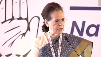 Congress interim president Sonia Gandhi addresses the party ‘Chintan Shivir’ in Udaipur. (Twitter/ANI) Congress interim president Sonia Gandhi addresses the party ‘Chintan Shivir’ in Udaipur. (Twitter/ANI)
