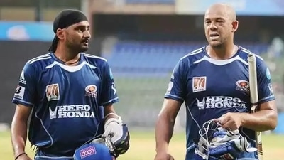 Harbhajan Singh and Andrew Symonds during a nets session during their stint with the Mumbai Indians. (Getty Images/File) Harbhajan Singh and Andrew Symonds during a nets session during their stint with the Mumbai Indians. (Getty Images/File)