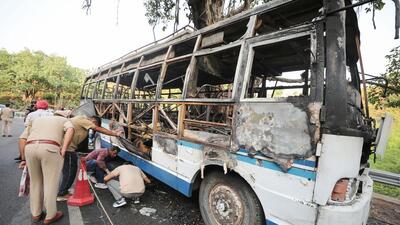 Four persons were killed and 25 others injured when a moving bus, mostly ferrying Vaishno Devi devotees, caught fire near Katra on Friday. (PTI)