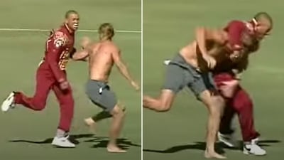 Andrew Symonds took exception to pitch invaders. (Screengrab) Andrew Symonds took exception to pitch invaders. (Screengrab)