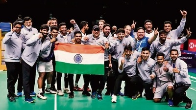Indian shuttle badminton team celebrate after wining Thomas Cup in Bangkok. (ANI) Indian shuttle badminton team celebrate after wining Thomas Cup in Bangkok. (ANI)