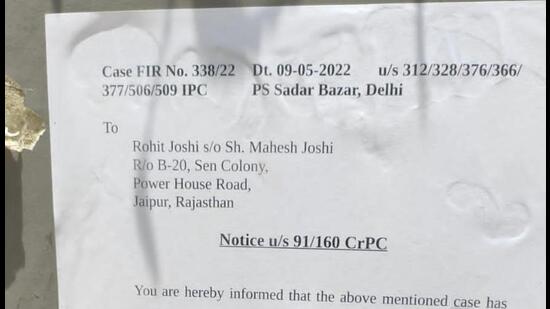A Delhi police team visited the under-construction residence of the Rajasthan minister’s son in Jaipur and pasted a notice on the wall.
