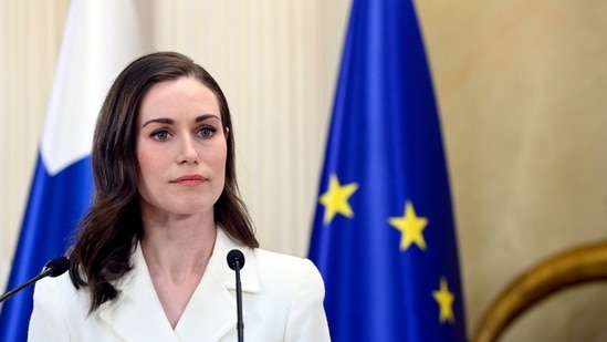 Finland's Prime Minister Sanna Marin attends the press conference on Finland's security policy decisions at the Presidential Palace in Helsinki, Finland, Sunday.(AP)