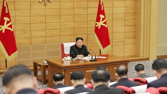 North Korean leader Kim Jong Un speaks at a politburo meeting of the ruling Workers' Party to inspect the country's antivirus efforts against the coronavirus disease (COVID-19) pandemic(via REUTERS)