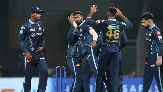 Hardik Pandya of Gujarat Titans celebrates against Rajasthan Royals during IPL 2022 game(PTI)