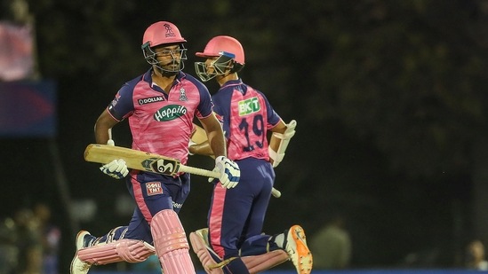 Sanju Samson and Yashasvi Jaiswal of Rajasthan Royals run between the wickets, during the Indian Premier League 2022(PTI)