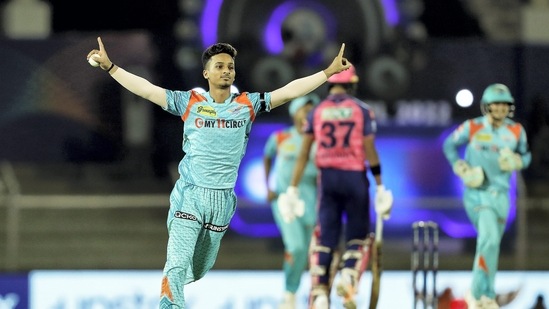 Ayush Badoni of Lucknow Super Giants celebrates the wicket of Yashasvi Jaiswal of Rajasthan Royals, during the Indian Premier League 2022 (PTI)