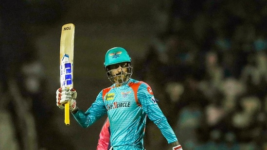 Deepak Hooda of Lucknow Super Giants raises his bat after scoring a half century, during the Indian Premier League 2022 (PTI)
