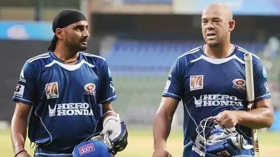 Harbhajan Singh and Andrew Symonds during a nets session during their stint with the Mumbai Indians.(Getty Images/File) Harbhajan Singh and Andrew Symonds during a nets session during their stint with the Mumbai Indians.(Getty Images/File)
