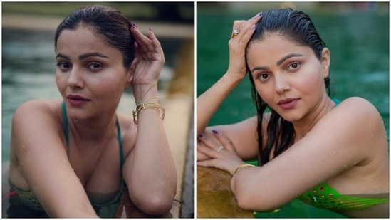 Television hottie Rubina Dilaik had jetted off to Goa with her husband, Abhinav Shukla, and their family members last month. The star had a gala time enjoying the sunsets and beaches with her loved ones. And recently, she set the internet on fire by sharing sizzling pictures of herself enjoying some time in the pool.(Instagram/@rubinadilaik)
