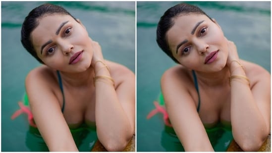On Saturday, Rubina shared pictures of herself on Instagram dressed in an embellished bikini set and chilling in her hotel pool while holidaying in Goa. The star dropped the photos with a bikini and heart emoticon. They showed the actor striking gorgeous poses for the camera.(Instagram/@rubinadilaik)
