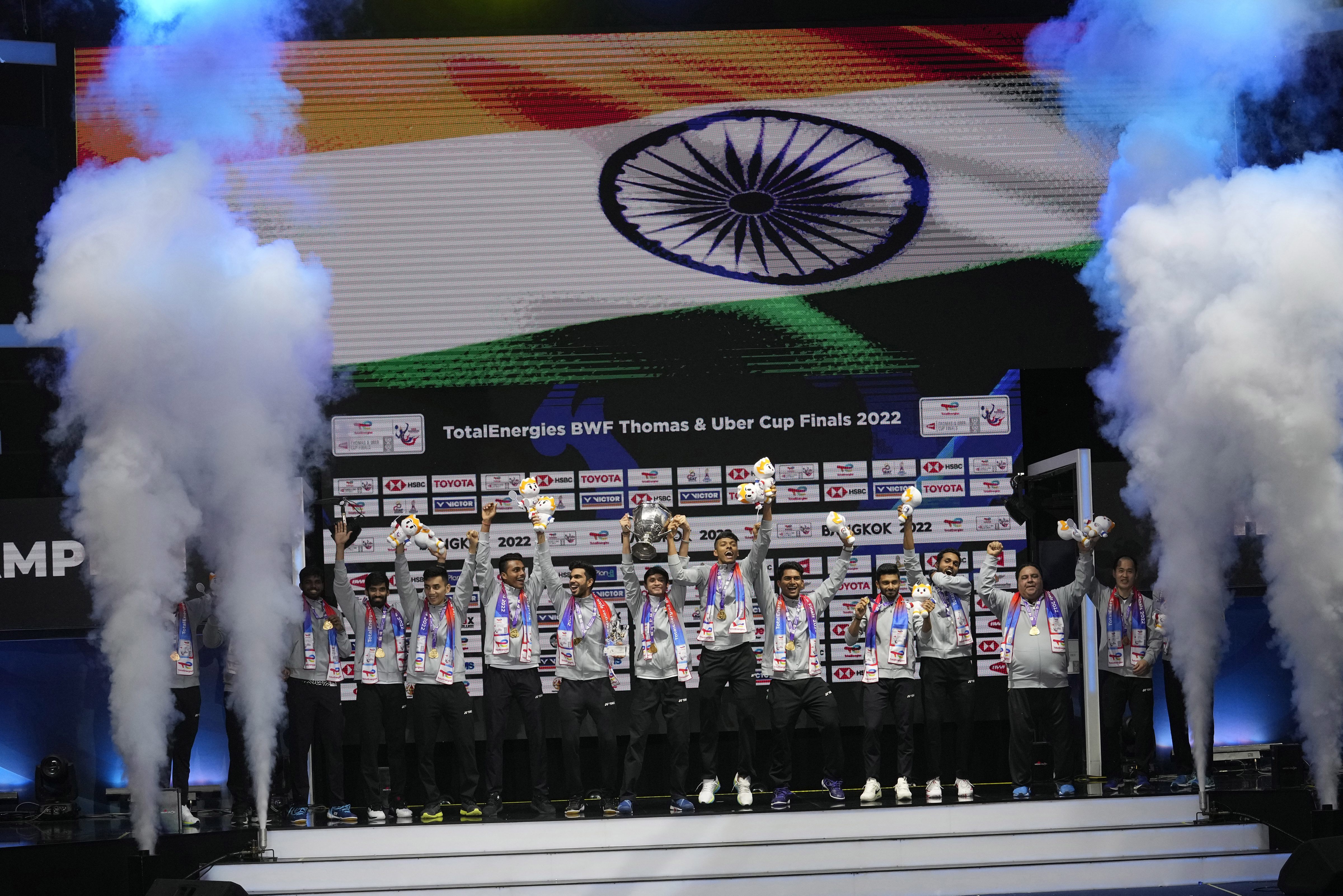 India team holds the trophy after winning Thomas Cup title. (AP)