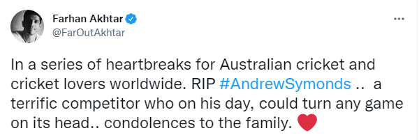 Farhan's tweet in memory of Andrew Symonds.