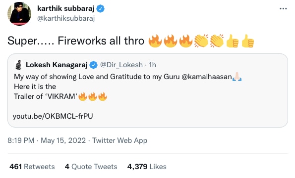 Here's what Karthik Subbaraj tweeted.