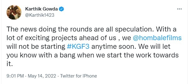 Karthik Gowda posted a new tweet refuting the speculations around KGF 3. Karthik Gowda posted a new tweet refuting the speculations around KGF 3.