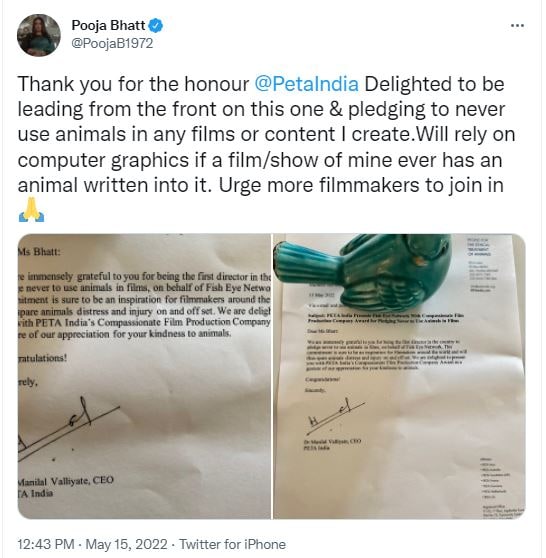 Pooja shared pictures of PETA India CEO Manilal Valliyate's letter to her.