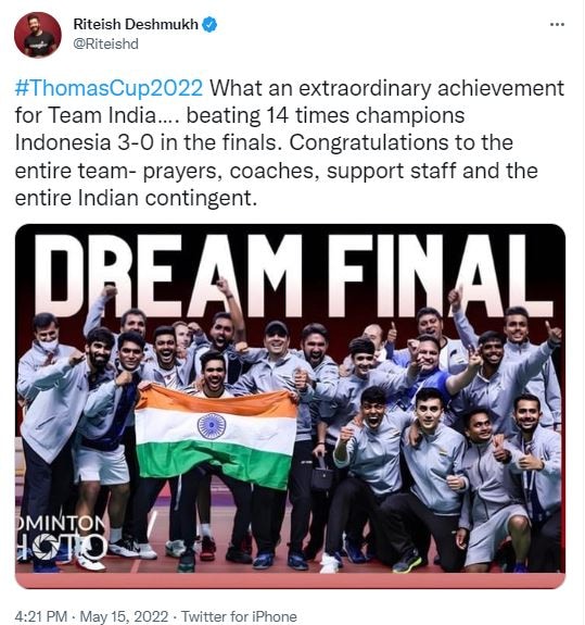 Riteish Deshmukh congratulated India.