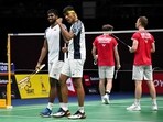 Satwiksairaj Rankireddy (L) and Chirag Shetty (2L) celebrate after defeating Denmark's Mathias Christiansen and Kim Astrup during the semifinals of the Thomas and Uber Cup(AFP)
