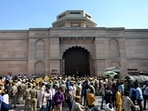 Security personnel outside Gyanvapi Masjid in Varanasi.(PTI)