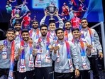 Indian men's badminton team poses with the trophy after winning the Thomas Cup(BAI_Media/Twitter)
