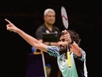 Srikanth Kidambi after winning a point against Indonesia's Jonatan Christie.(AP) Srikanth Kidambi after winning a point against Indonesia's Jonatan Christie.(AP)