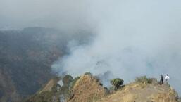 हिमाचल प्रदेश के सोलन जिले के पर्यटन शहर कसौली में रविवार को जंगल से निकलने वाले घने धुएं के गुबार में सूखे चीड़ की सुइयों में आग लग गई।  (एचटी फोटो)