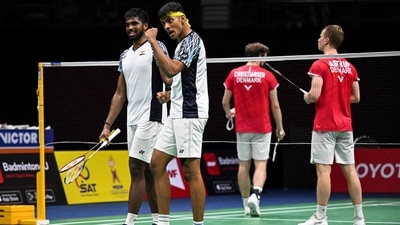 Satwiksairaj Rankireddy (L) and Chirag Shetty (2L) celebrate after defeating Denmark's Mathias Christiansen and Kim Astrup during the semifinals of the Thomas and Uber Cup (AFP) Satwiksairaj Rankireddy (L) and Chirag Shetty (2L) celebrate after defeating Denmark's Mathias Christiansen and Kim Astrup during the semifinals of the Thomas and Uber Cup (AFP)