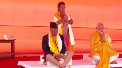 PM Modi and Nepal PM Sher Bahadur Deuba participate in the foundation stone laying ceremony for the construction of a centre for Buddhist culture & heritage, (ANI) PM Modi and Nepal PM Sher Bahadur Deuba participate in the foundation stone laying ceremony for the construction of a centre for Buddhist culture & heritage, (ANI)