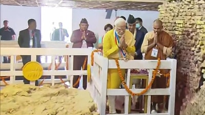PM Modi & Nepal PM Sher Bahadur Deuba and his spouse Dr. Arzu Rana Deuba paid their respects at the Marker Stone inside the Maya Devi temple premises, which pinpoints the exact birth spot of Lord Buddha. (ANI) PM Modi & Nepal PM Sher Bahadur Deuba and his spouse Dr. Arzu Rana Deuba paid their respects at the Marker Stone inside the Maya Devi temple premises, which pinpoints the exact birth spot of Lord Buddha. (ANI)