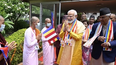 PM Modi and his Nepal counterpart, Sher Bahadur Deuba, at Mayadevi Temple in Lumbini. (Twitter/@narendramodi)